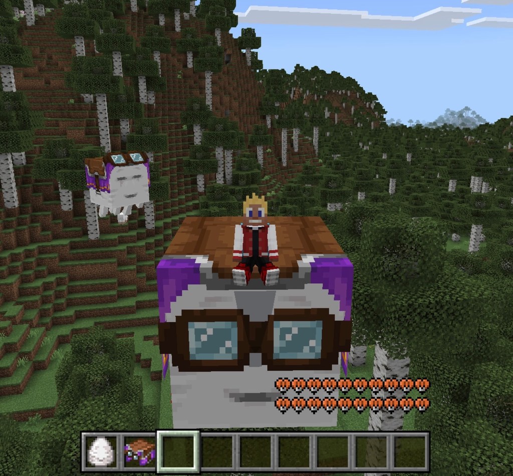 Minecraft Joe riding on a Happy Ghast front view.