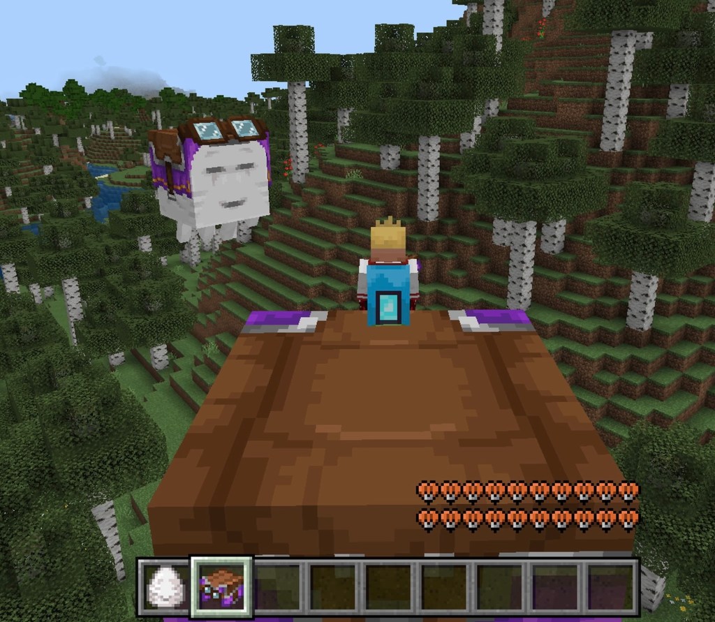 Minecraft Joe riding a Happy Ghast back view.