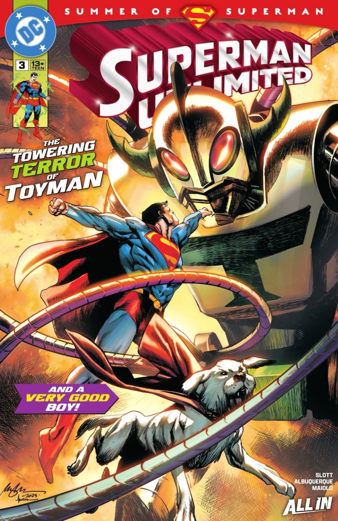 Superman and Krypto fight giant robot
