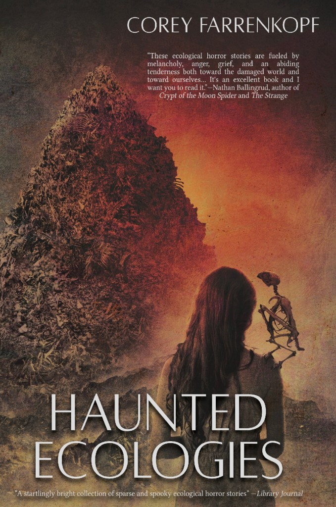 Haunted Ecologies book cover, pile of bones with skeleton bird on woman's shoulder