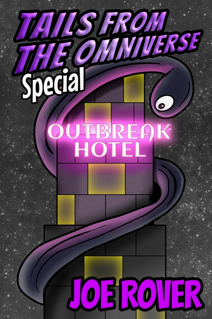 Monster curls around hotel building at night.