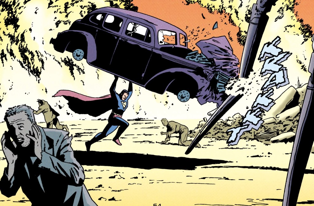 Superman smashing a car into an alien invader's machine.