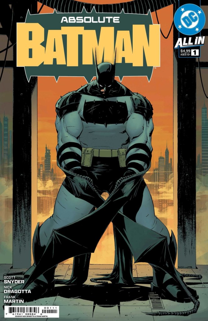 The original Absolute Batman cover. Courtesy of DC Comics and CBR. It shows Batman standing in front of a grim and dark Gotham City.